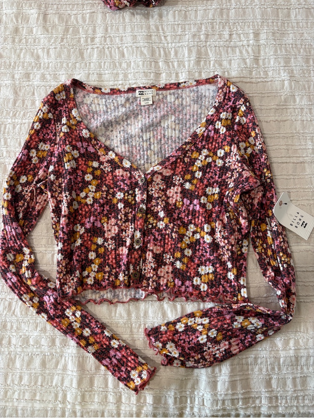NWT Billabong Floral Ribbed Cropped Button-Front Top - Pink Multi